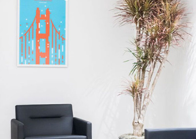 A modern office space staged with a Dracaena Marginata Colorama plant, next to a grey sofa and chair, and a painting of the San Francisco Golden Gate Bridge on the wall.
