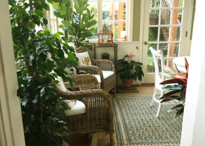 An image of a lush residential sunroom plantscaped with several potted indoor plants around furniture with windows all around.